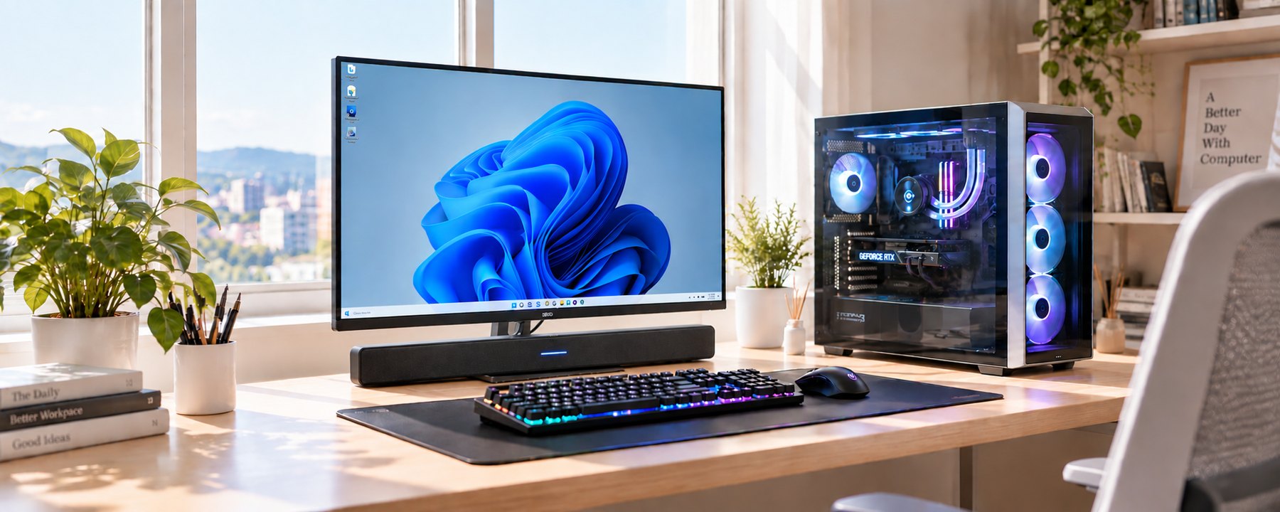 책상 위에 설치된 조립 PC와 모니터